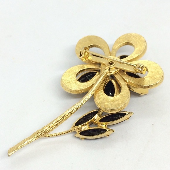 !!SOLD!! VINTAGE BLACK RHINESTONE FLOWER BROOCH PIN GOLD TONE - Picture 17 of 17